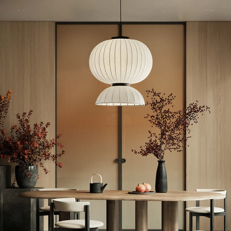Lustre boule ovale en tissu style soie japonaise design - vue 5 sur 8