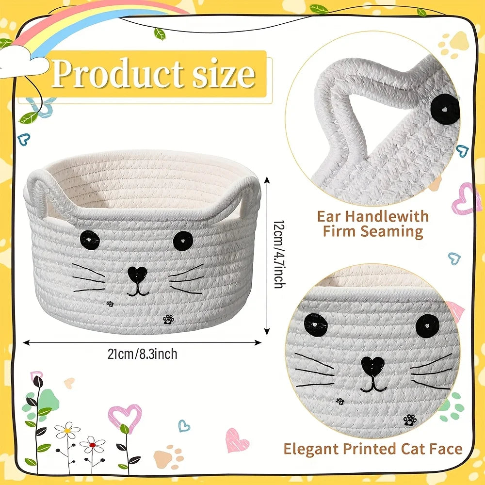 paniers de rangement en coton tissé tête de chat pour bureau et maison - vue 6 sur 11