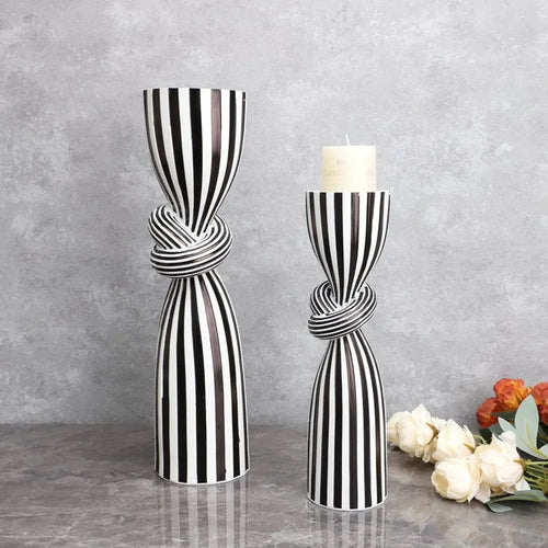 Black and White Striped Twisted Rope Knot Single Candle Holder, Resin, Dining Table Wedding Center Decoration, Modern Decoration - vue 3 sur 8