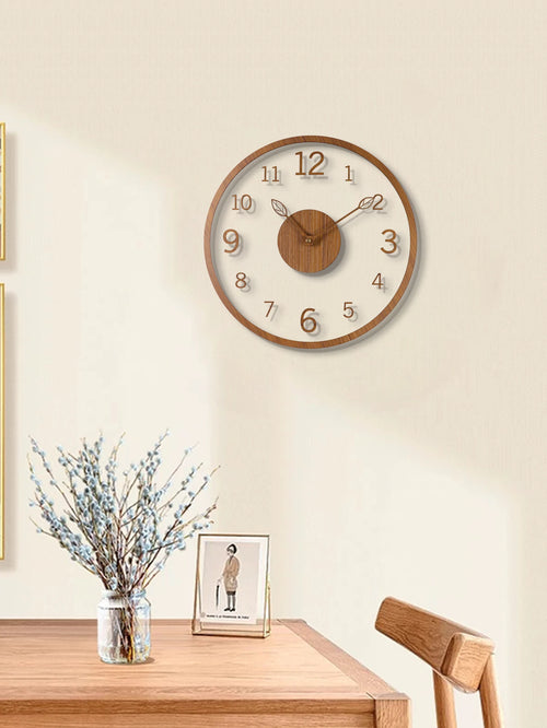 Transparent minimalist wall clock, tree leaf pointer, wood grain wall clock, silent living room, bedroom, office, and holiday de - vue 3 sur 7