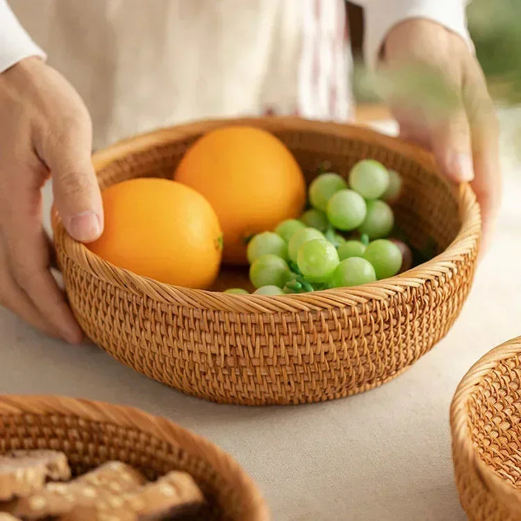 Round Rattan Woven Basket, Wicker Fruit Basket, Bread Food Kitchen Home Decor Organizer, Breadbasket For Kitchen - vue 4 sur 12