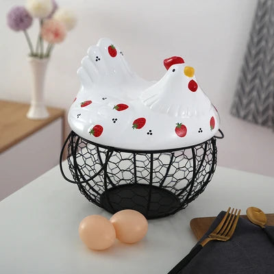 Ceramic Egg Storage Basket, Living Room, Fruit, Garlic, Hollow Metal Hen Shaped, Kitchen Organizer