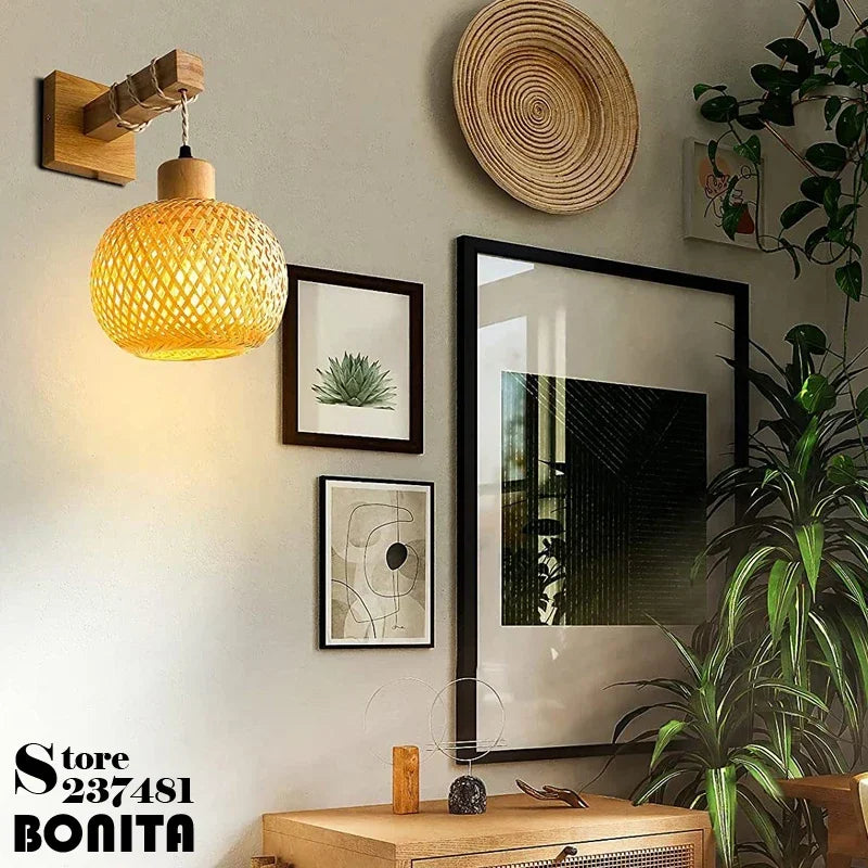 applique murale en rotin et bois style japonais décoration intérieure - vue 8 sur 8