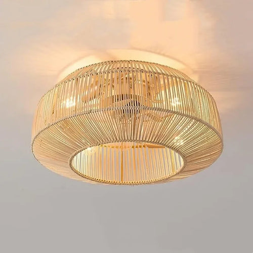 plafonnier ventilateur industriel avec lumière en bambou - vue 3 sur 7