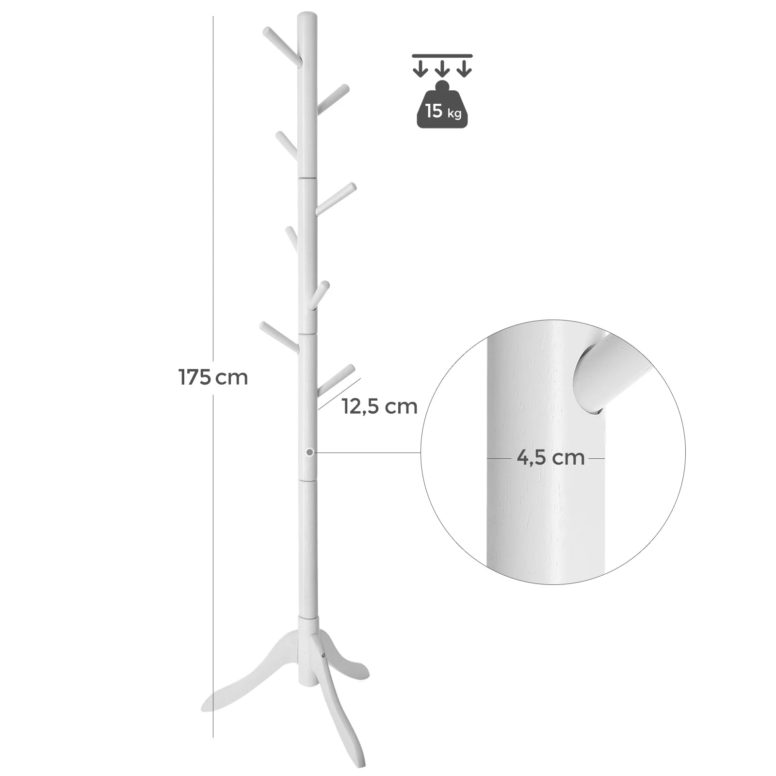 VASAGLE Standing Coat Rack, Solid Wood Coat Rack, Tree-Shaped Coat Rack with 8 Hooks, 3 Height Options, for Clothes, Hats, Bags - vue 6 sur 7