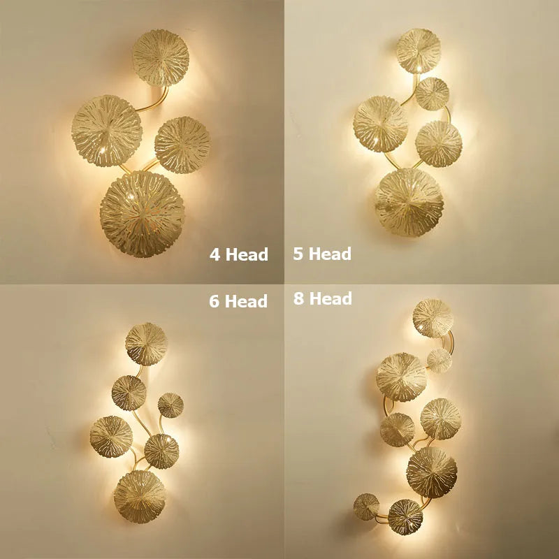 Lotus leaf gold copper LED wall sconce with G4 bulbs, vintage retro bedside and living room light - vue 3 sur 10