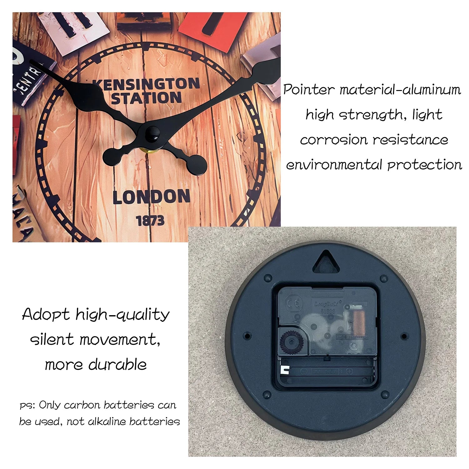 A Creative Retro Wooden Density Board Veneer Decorative Wall Clock, 1873 London Kaiston Station Element Pattern Design Wall Clock, Silent Silent Quartz Clock, Living Room Bedroom, Room Decoration, Mental Home Decoration, Birt - vue 4 sur 7