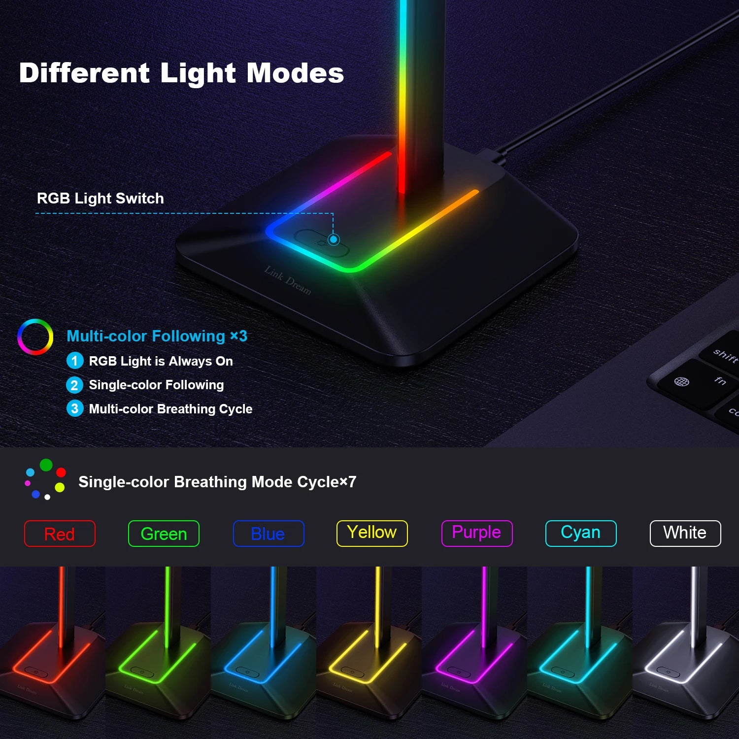 link dream support casque jeu rgb usb type-c pc bureau - vue 3 sur 8