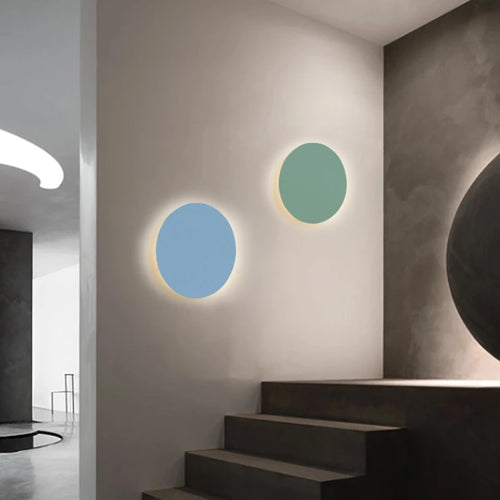 LED minimalism modern wall light for living room, bedroom, hallway, colourful circular iron plate - vue 3 sur 12