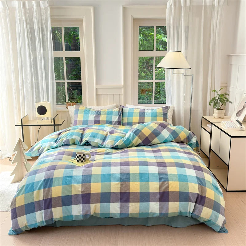 housse de couette en coton lavée à carreaux douce et confortable