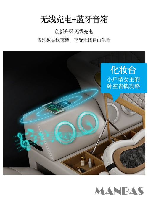 Tech Smart Bed 2 People with King Size Bed Frame Queen, Genuine Leather, Massage, USB, Bluetooth Speaker, and Safe By MINGDIBAO - vue 7 sur 8