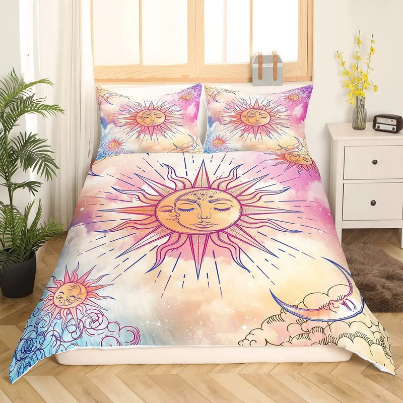housse de couette bohème soleil lune motif floral noir blanc