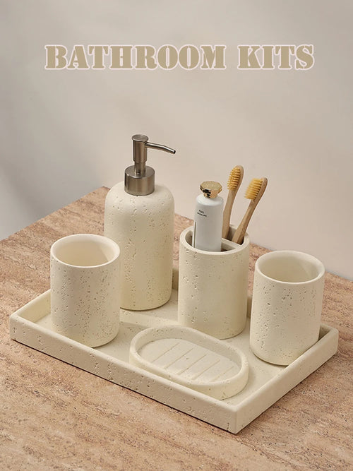 Ahunderjiaz-Natural Marble Bathroom Storage Set, Toothbrush Cup Tray, Mouthwash Kit, Home Decoration, Soap Dish, Press Bottle - vue 2 sur 9
