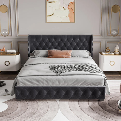 Modern Velvet Upholstered Bed 180 x 200 cm, Bed with Padded Headboard, Bed for Bedroom and Guest Room, Velvet, Without Mattress - vue 7 sur 6
