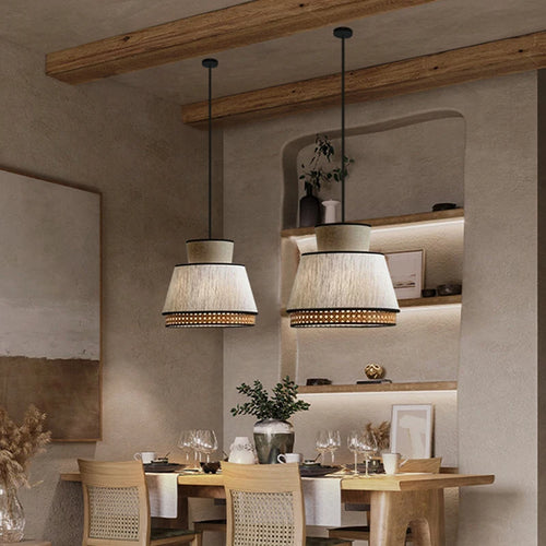 Vintage Japanese pendant light in fabric and rattan - vue 6 sur 12