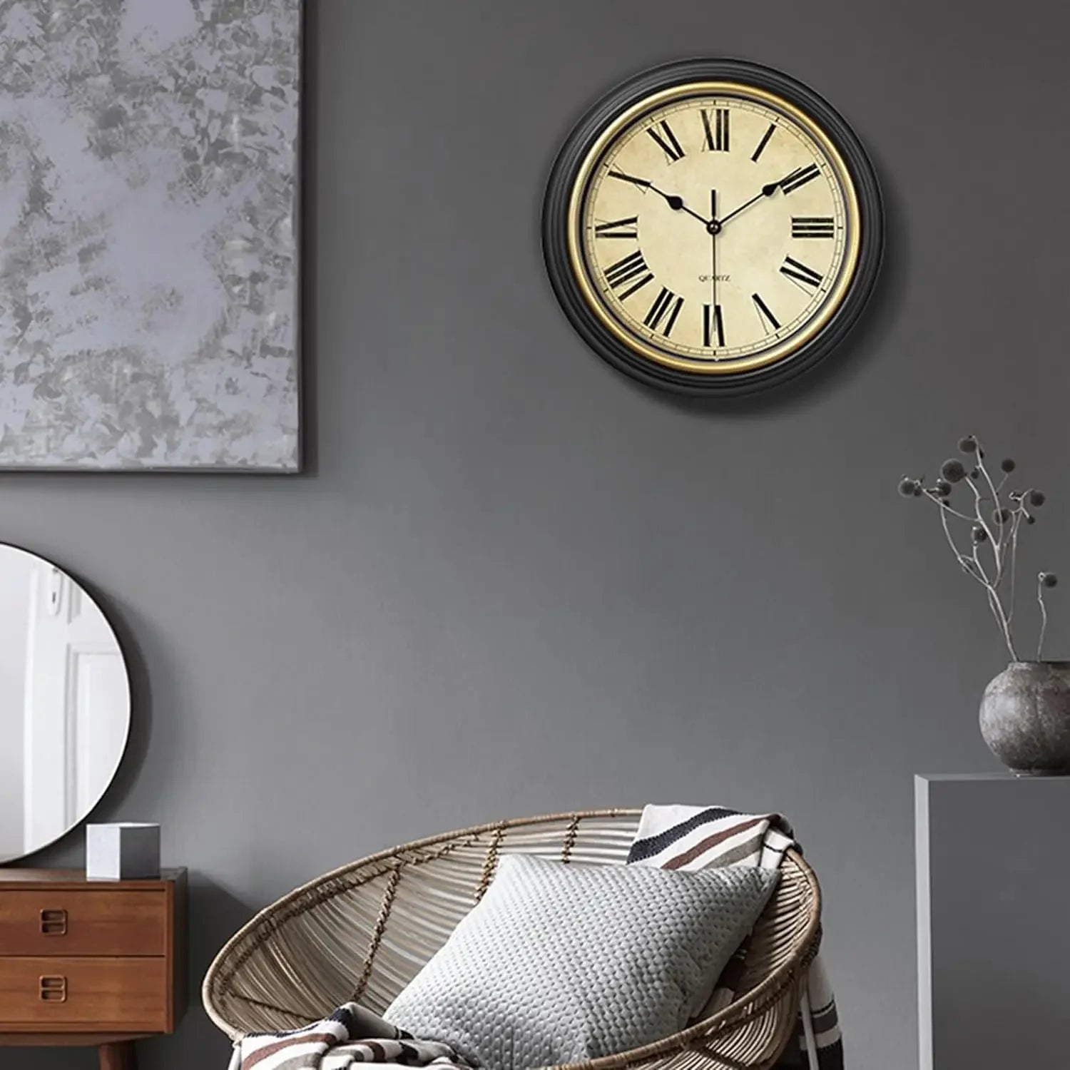 horloge murale vintage silencieuse avec chiffres romains et arabes - vue 3 sur 9