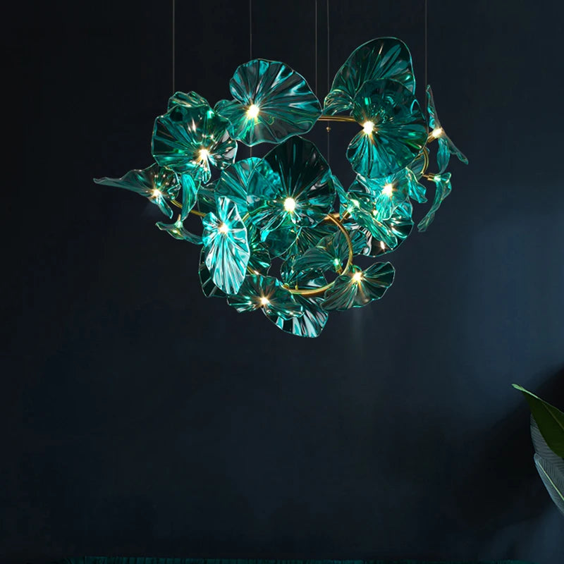 lustre artistique avec feuilles de verre suspendu led pour hôtel - vue 4 sur 13