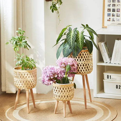 Nordic style rattan woven flower pot, indoor balcony, living room, plants, green ivy, hand woven wooden high legged floor flower - vue 5 sur 6