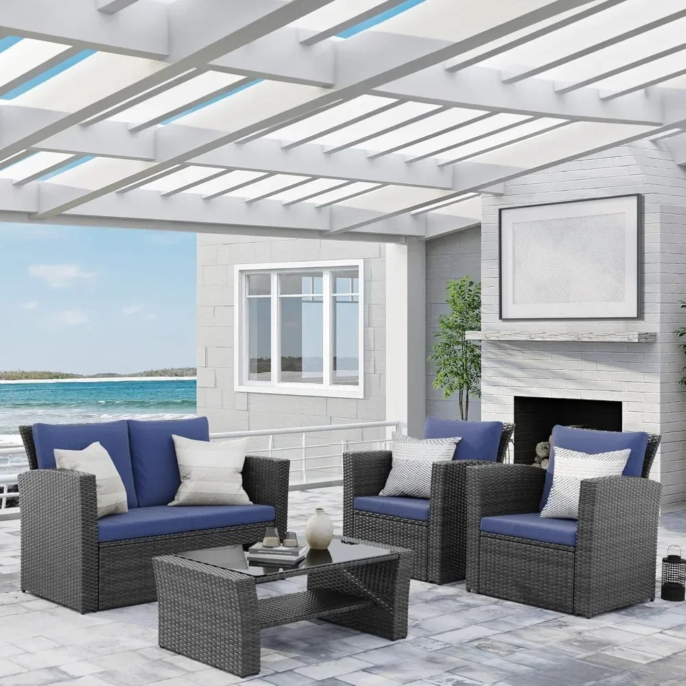 Wisteria Lane 4 Piece Outdoor Patio Furniture Set, Porch Deck Wicker Conversation Set, Grey Rattan Sofa Chair with Back Cushions - vue 2 sur 9
