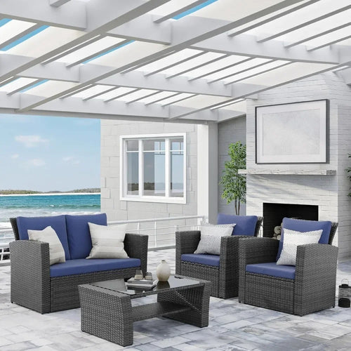 Wisteria Lane 4 Piece Outdoor Patio Furniture Set, Porch Deck Wicker Conversation Set, Grey Rattan Sofa Chair with Back Cushions - vue 3 sur 9