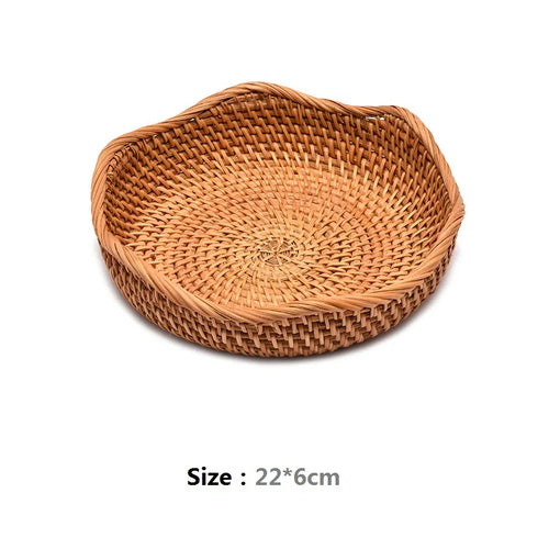 HeMu-Round Rattan Woven Basket, Wicker Fruit Basket, Bread Food, Kitchen Home Decor, Organizer Breadbasket for Kitchen - vue 8 sur 13