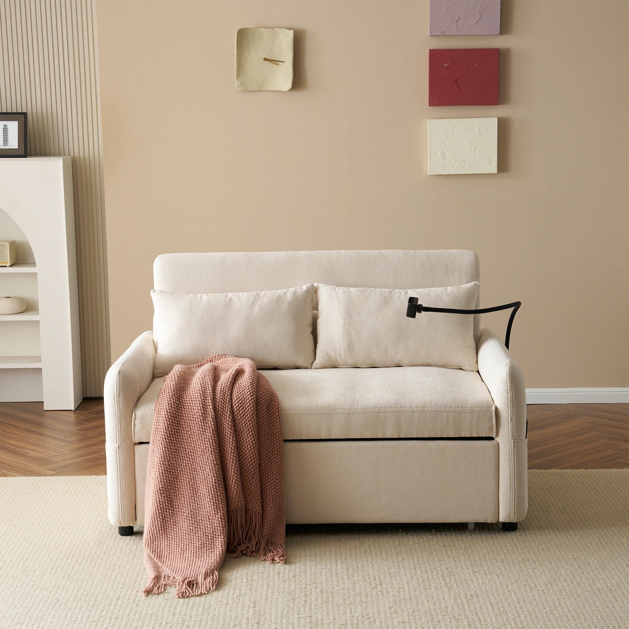 Modern double folding sofa bed, multi-functional with adjustable backrest, cell phone holder & USB charging station