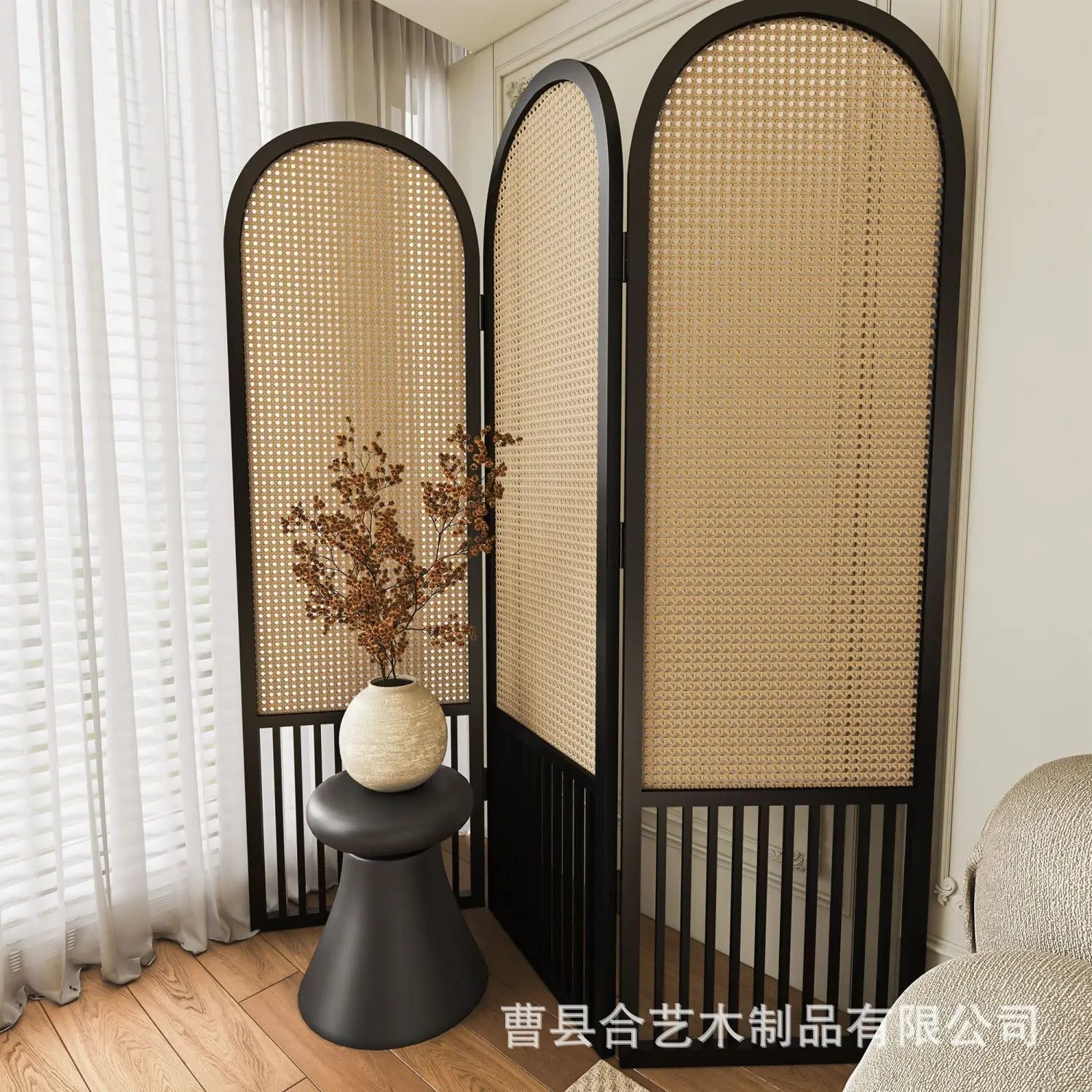 French rattan woven screen, solid wood, foldable, movable fireplace, covering living room decoration, simple home entry