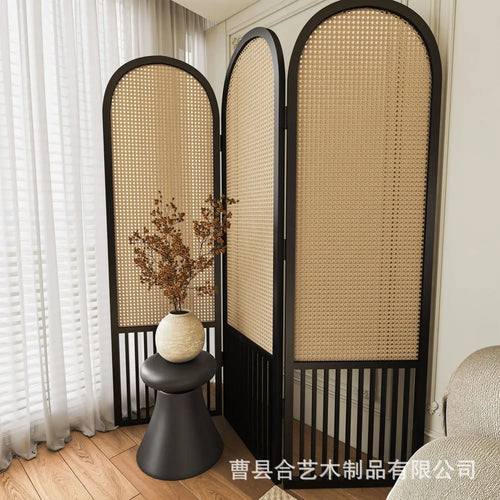 French rattan woven screen, solid wood, foldable, movable fireplace, covering living room decoration, simple home entry - vue 3 sur 9