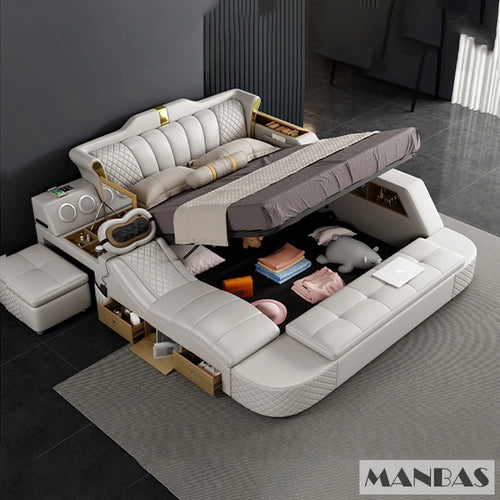 Tech Smart Bed 2 People with King Size Bed Frame Queen, Genuine Leather, Massage, USB, Bluetooth Speaker, and Safe By MINGDIBAO - vue 9 sur 8