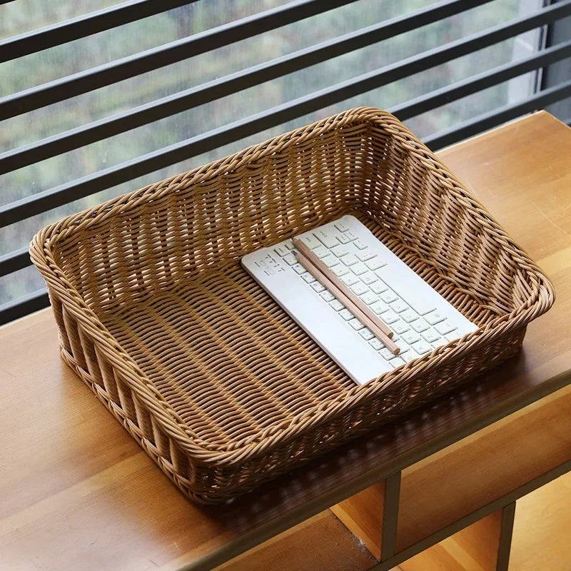 plateau de service en rotin panier tressé avec poignées pour rangement - vue 5 sur 11