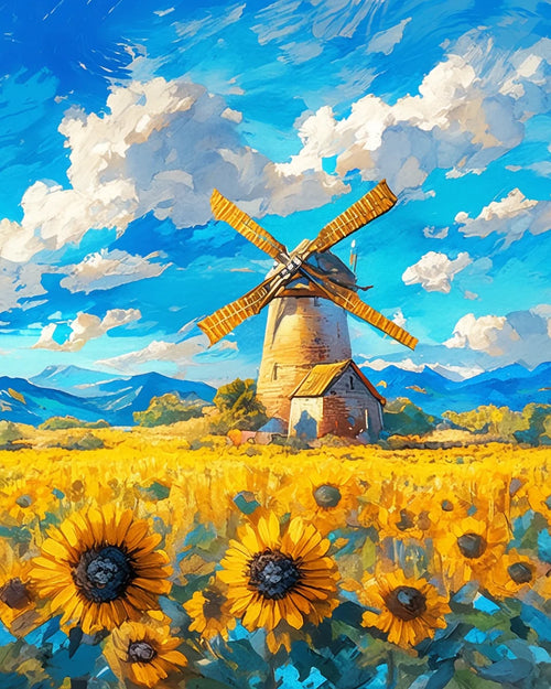 kit peinture par numéro champ de tournesols moulin à vent décoration artisanale