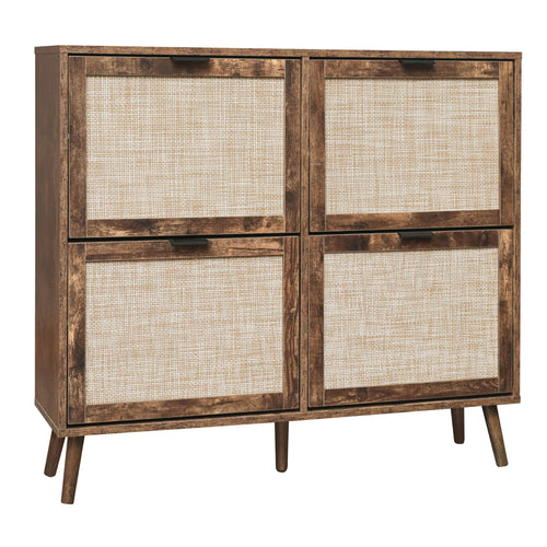 Shoe Cabinet Retro Country House Style, with 4 Rattan Flaps, Wooden Shoe Rack, Shoe Storage Chest for 20-36 Pairs of Shoes - vue 10 sur 10