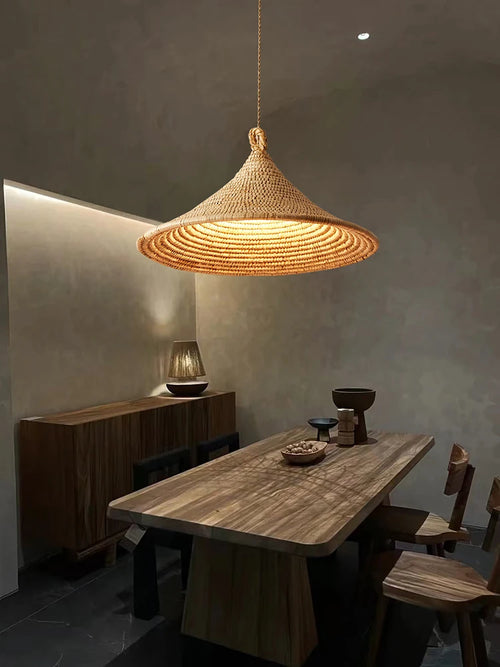 Lustre de style japonais tressé en rotin clair - vue 3 sur 10