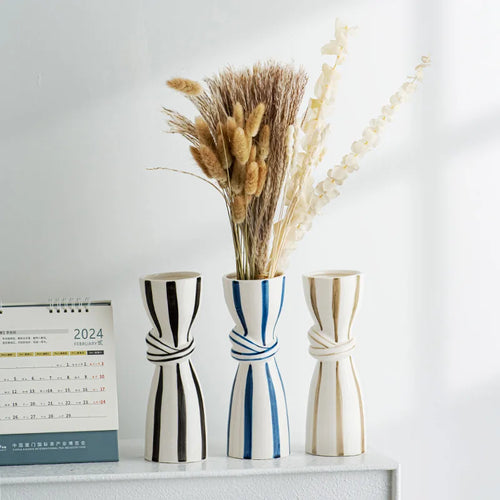 Double Ear Ceramic Vase, Abstract Black and White Striped Hydroponic Vase, Living Room Decoration, Room Aesthetic Decoration - vue 3 sur 14