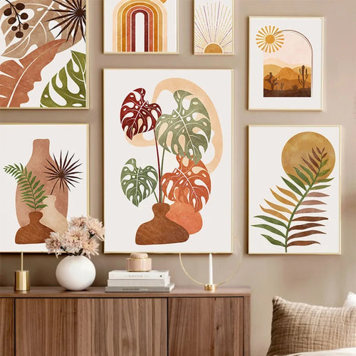Terracotta monstera vase painting Nordic abstract wall decoration