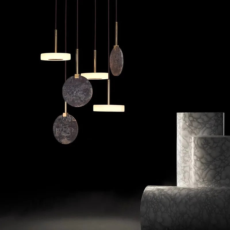 lustre led art déco en bois et marbre design élégant et moderne - vue 11 sur 11