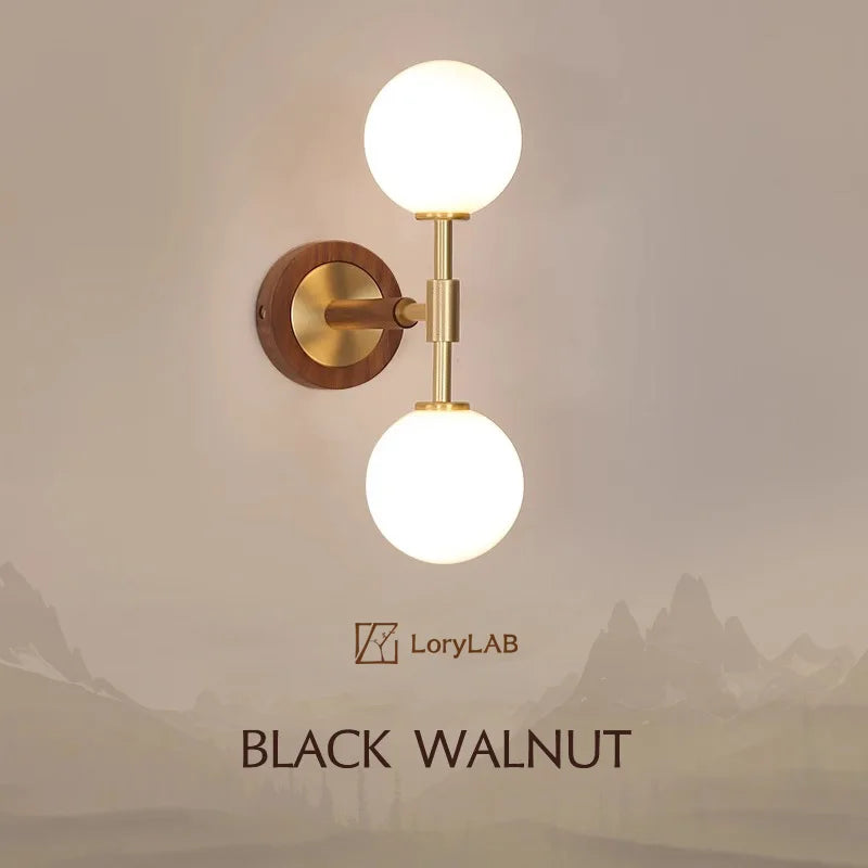 Walnut Wood Glass Sphere Brass, Wabi-sabi Simple Modern Vintage style, Wall Sconce lighting for Bedroom, Bedside, Dining Room - vue 2 sur 8