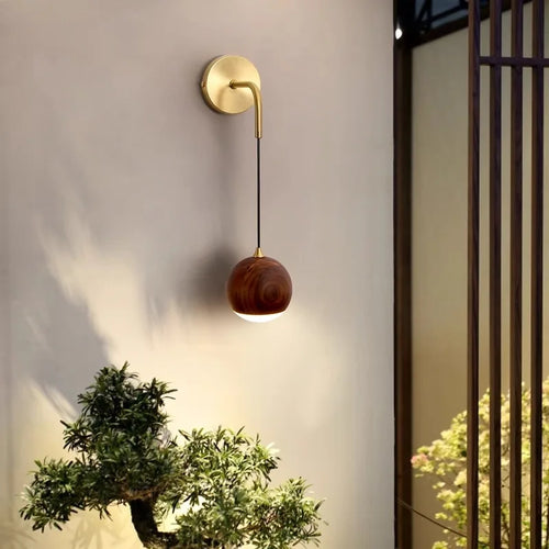 Walnut Wood Round ball Wall light, Wabi-sabi Modern style, Wall Sconces for Bedroom, Living, Corridor, Aisle balcony, Entrance - vue 4 sur 7