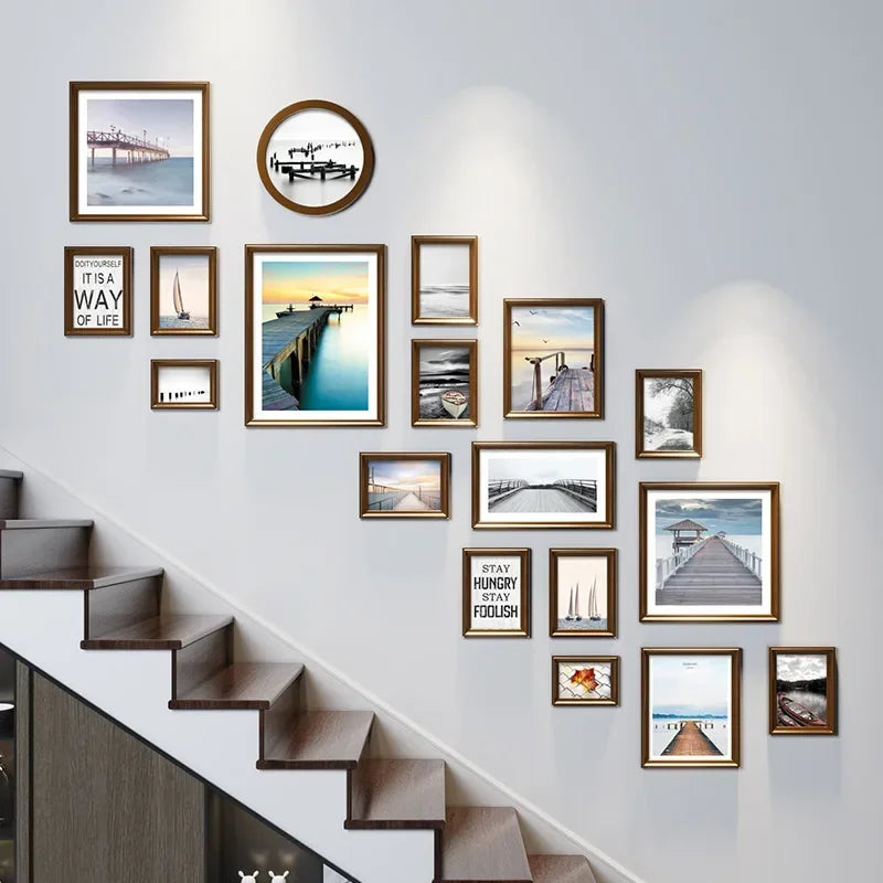 Minimalist Wooden Staircase Photo Wall Frame Set, Nordic Style, Gallery Wall Decor, Hallway Photo Frames and Background - vue 3 sur 7