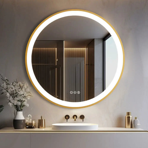 miroir rond éclairé avec cadre doré et fonction mémoire - vue 2 sur 8