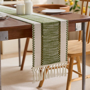 Boho striped beige table runner with woven tassels