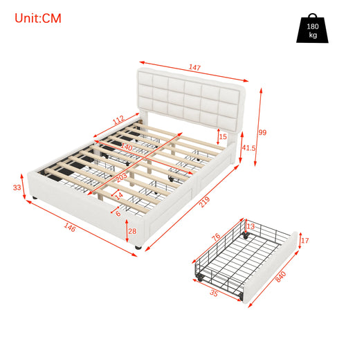 Upholstery bed, 140x200cm, bed with slatted frame (without mattress), bed with four drawers, minimalist style, linen, beige - vue 4 sur 6