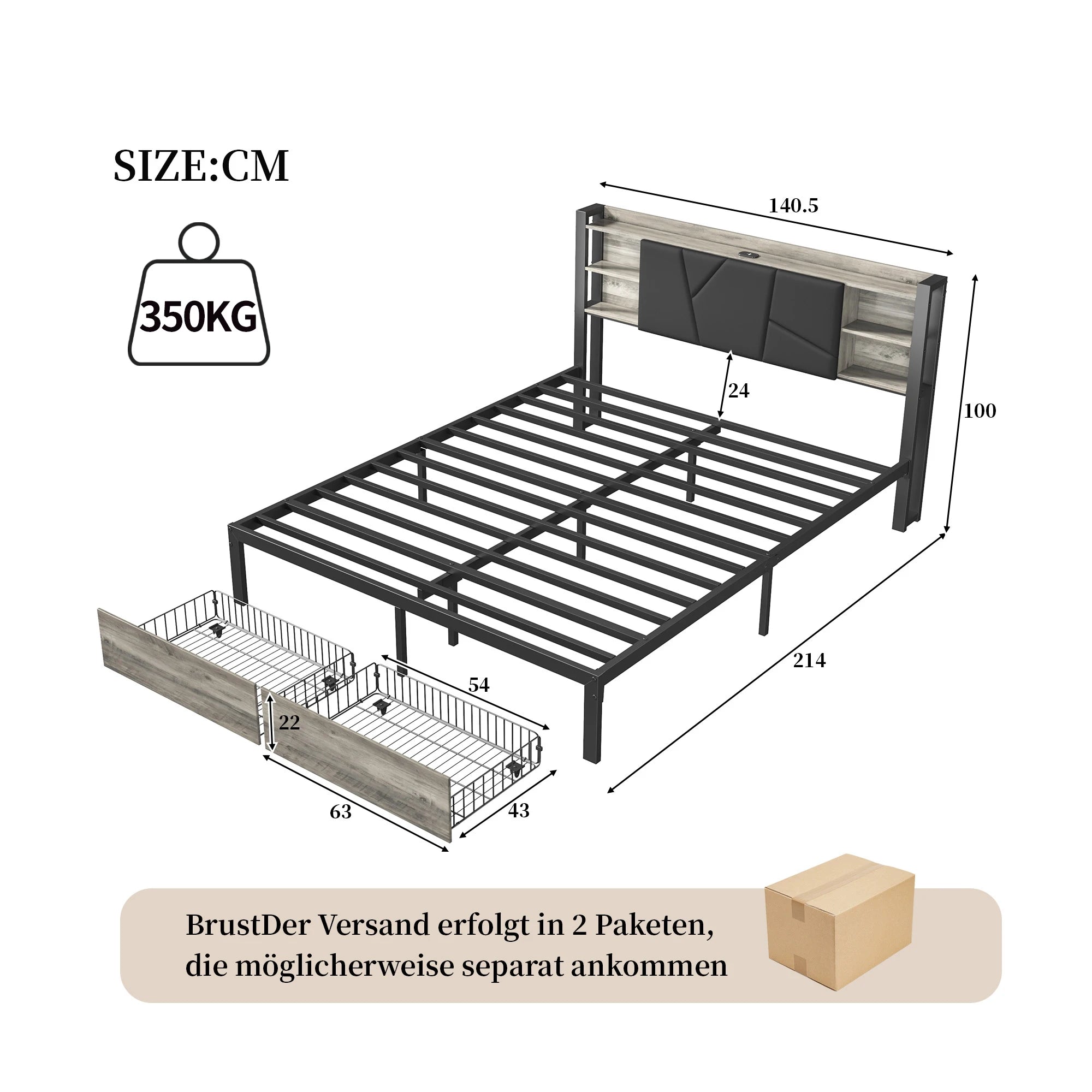 Double Bed with Metal Slatted Base,Platform Bed Frame with LED and 2 Drawers,Headboard with Storage Space,without mattress - vue 6 sur 7