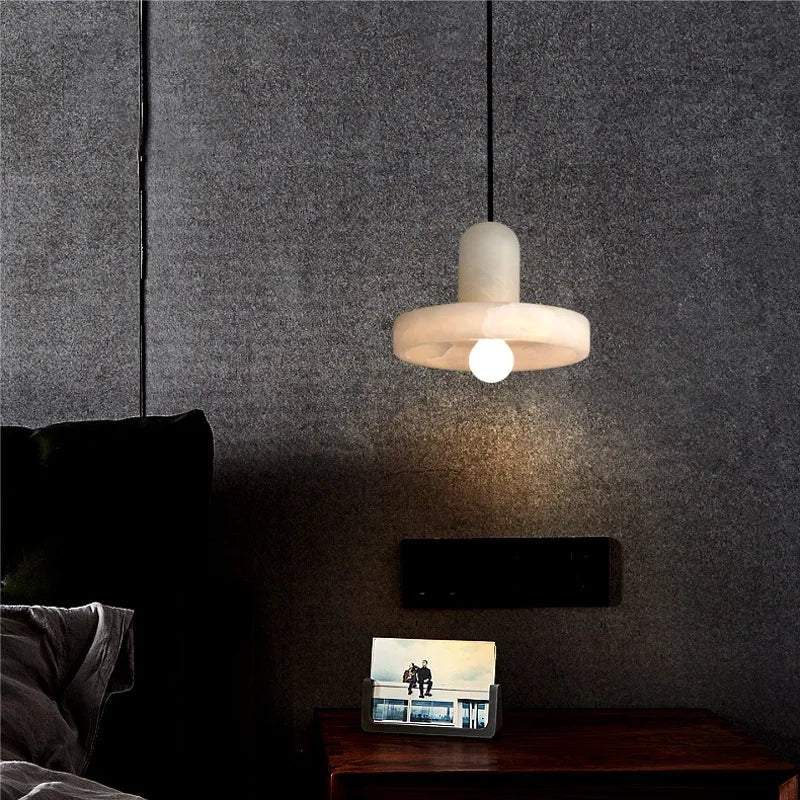 Small Spanish natural marble modern minimalist LED pendant light for dining room and restaurant - vue 4 sur 21