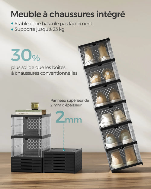 SONGMICS Shoe Boxes, Pack of 18 Stackable Shoe Storage Organizer, Set of 3 Integrated Shoe Cabinets, Foldable and Portable - vue 5 sur 8
