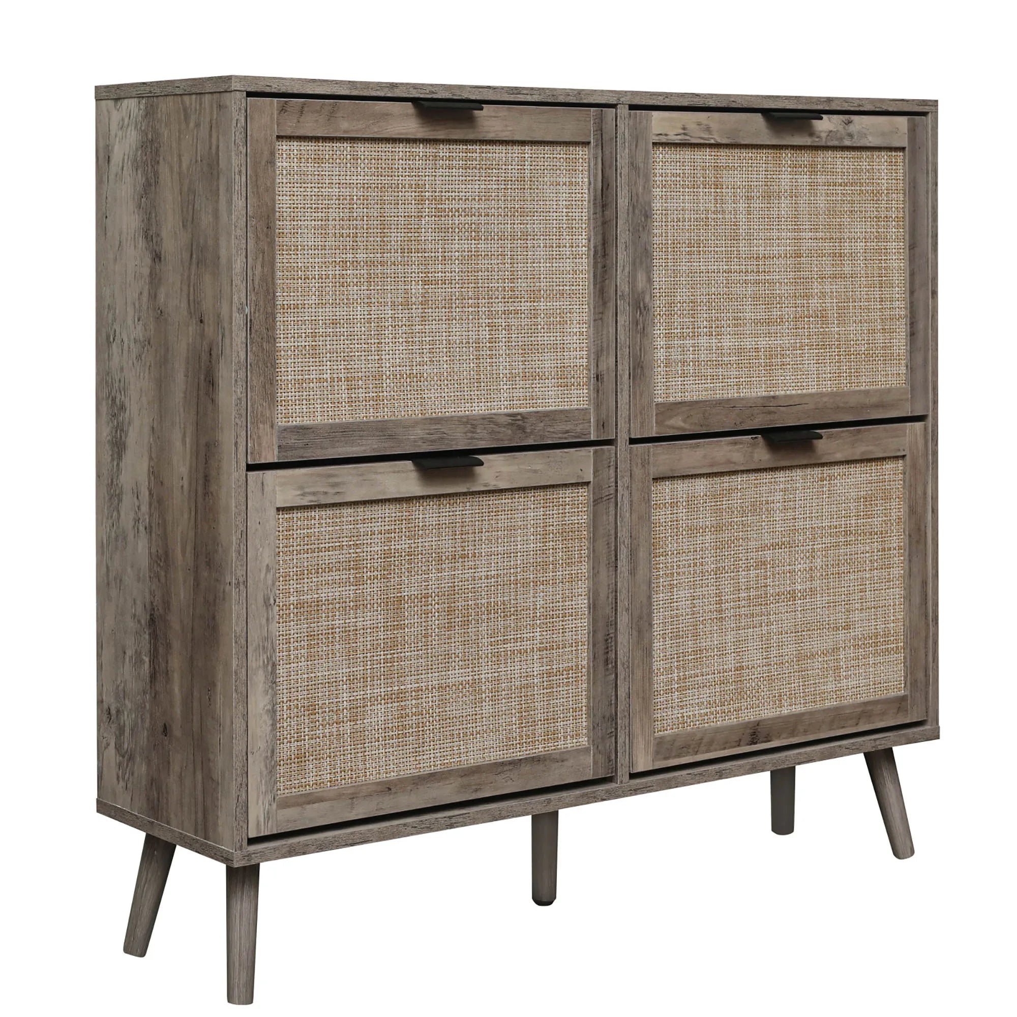 Shoe Cabinet Retro Country House Style, with 4 Rattan Flaps, Wooden Shoe Rack, Shoe Storage Chest for 20-36 Pairs of Shoes