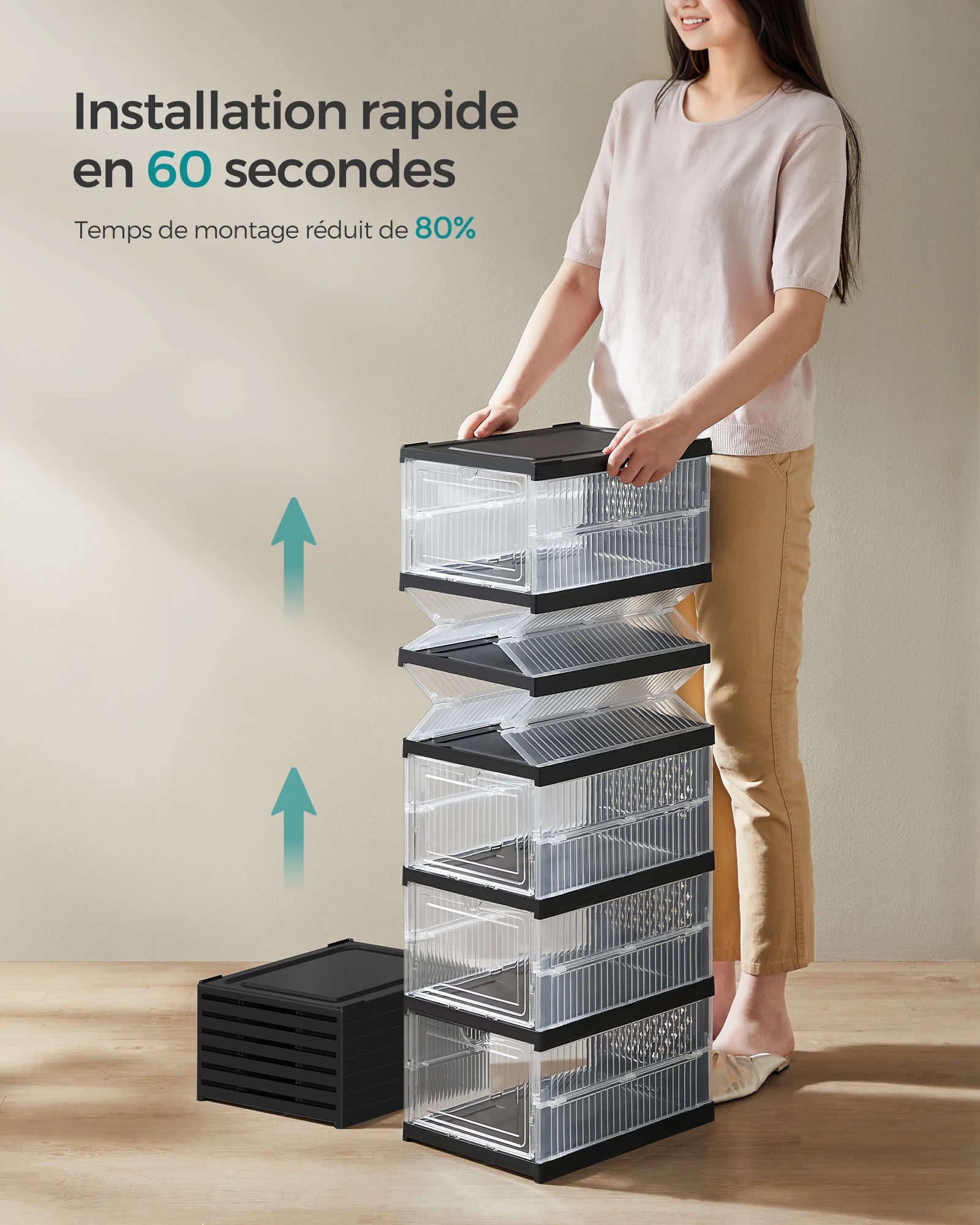 SONGMICS Shoe Boxes, Pack of 18 Stackable Shoe Storage Organizer, Set of 3 Integrated Shoe Cabinets, Foldable and Portable - vue 3 sur 8