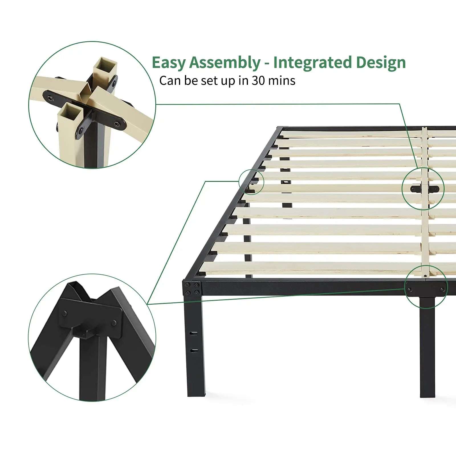 Bed Frame 16 Inch, Heavy Duty Bed Frame with Wooden Slats, 16 Inch Mattress Foundation/No Box Spring Needed - vue 3 sur 8