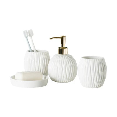 Nordic Bathroom, Dark Green Ceramic Embossed Shape, Soap Dispenser, Dish, Mouthwash Cup, Bathroom Supplies, Set - vue 14 sur 13