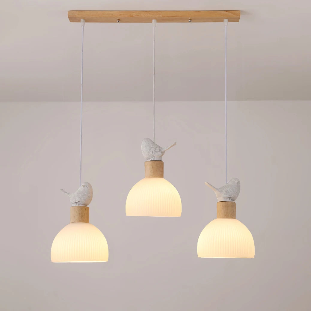 lustre led en bois avec abat-jour en verre blanc - vue 2 sur 8